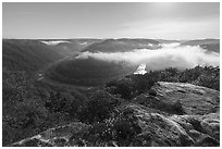 Bend of New River from Grandview with low clouds. New River Gorge National Park and Preserve ( black and white)