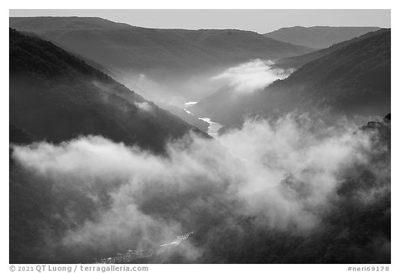 Low clouds hanging over the gorge. New River Gorge National Park and Preserve (black and white)