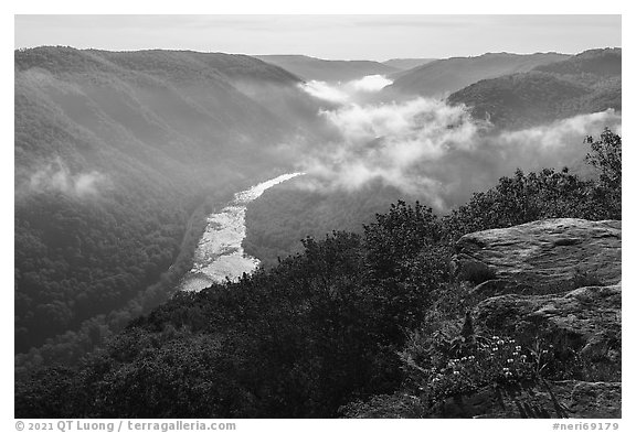 New River from Grandview with low clouds. New River Gorge National Park and Preserve (black and white)