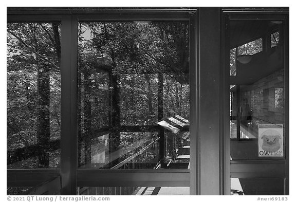 Window reflexion, Canyon Rim Visitor Center. New River Gorge National Park and Preserve (black and white)