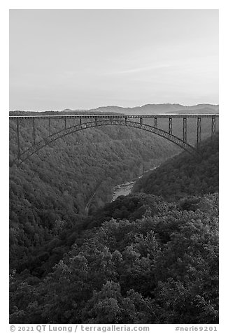 New River and New River Gorge Bridge at dawn. New River Gorge National Park and Preserve (black and white)