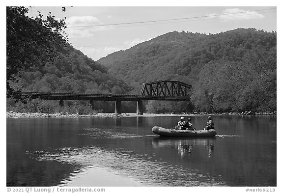Raft uptream of Thurmond River Bridge. New River Gorge National Park and Preserve (black and white)
