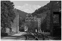 Thurmond Historic District with coaling tower and depot. New River Gorge National Park and Preserve ( black and white)