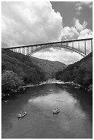 Rafts under New River Gorge Bridge. New River Gorge National Park and Preserve ( black and white)