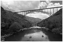 Rafting under New River Gorge Bridge. New River Gorge National Park and Preserve ( black and white)