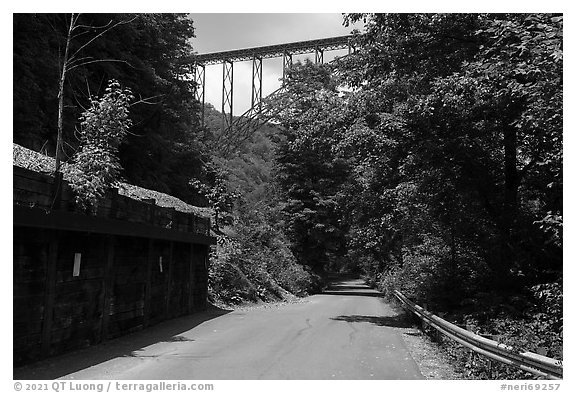 Fayette Station Road and New River Gorge Bridge. New River Gorge National Park and Preserve (black and white)