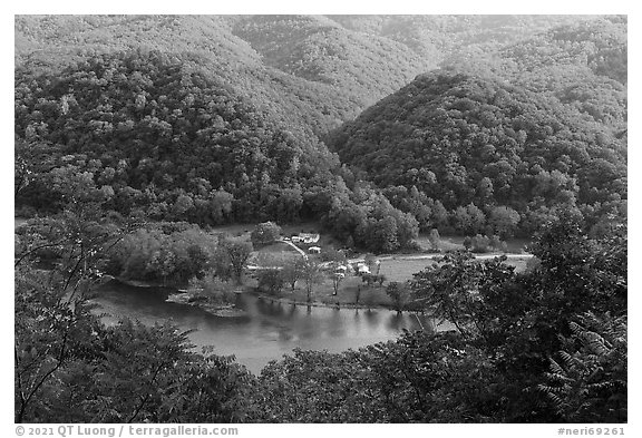 Settlement along New River from above. New River Gorge National Park and Preserve (black and white)