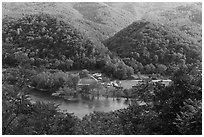 Settlement along New River from above. New River Gorge National Park and Preserve ( black and white)