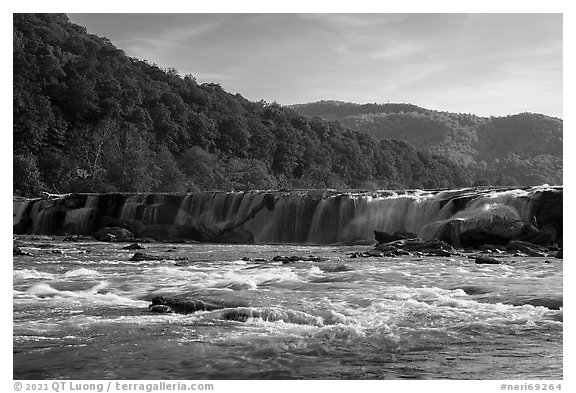 Sandstone Falls, over 1500 feet wide, afternoon. New River Gorge National Park and Preserve (black and white)