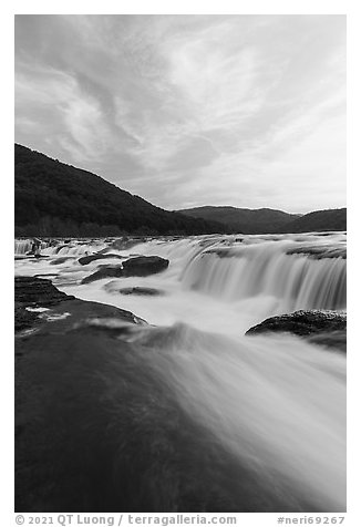 Sandstone Falls at sunset. New River Gorge National Park and Preserve (black and white)