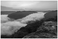 Fog-filled gorge from Grandview Overlook at sunrise. New River Gorge National Park and Preserve ( black and white)