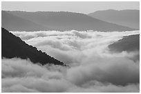Fog-filled gorge and sunrise. New River Gorge National Park and Preserve ( black and white)