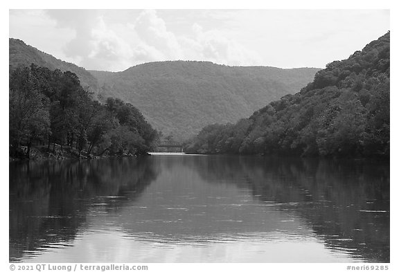 New River with railroad bridge. New River Gorge National Park and Preserve (black and white)