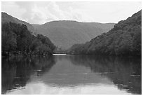 New River with railroad bridge. New River Gorge National Park and Preserve ( black and white)