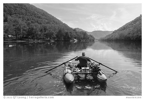 Boater on New River. New River Gorge National Park and Preserve (black and white)