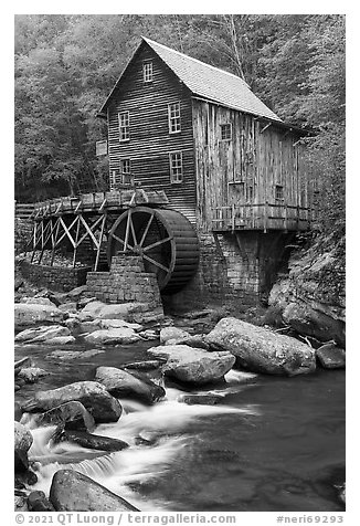 Grist Mill, Babcock State Park within boundaries. New River Gorge National Park and Preserve (black and white)