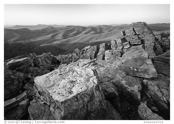 Pile of rectangular shape rocks on Black Rock summit, late afternoon. Shenandoah National Park (black and white)
