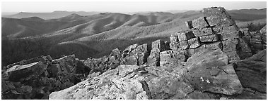 Appalachian landscape with rocks and hills. Shenandoah National Park (Panoramic black and white)