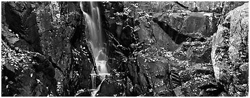 Cascade over dark rocks sprinkled with fallen autumn leaves. Shenandoah National Park (Panoramic black and white)