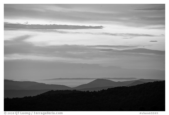 Ridges and sky at sunset from The Point Overlook. Shenandoah National Park (black and white)