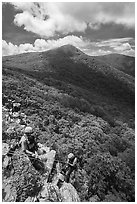 Rangers rappelling on Crescent Rock cliff. Shenandoah National Park ( black and white)
