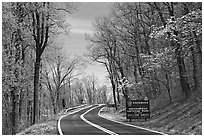 Skyline drive with Park entrance sign. Shenandoah National Park ( black and white)