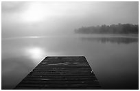 Dock and morning fog, Kabetogama lake near Woodenfrog. Voyageurs National Park, Minnesota, USA. (black and white)