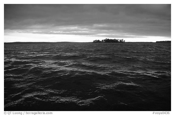 Choppy Kabetogama Lake waters during a storm. Voyageurs National Park (black and white)