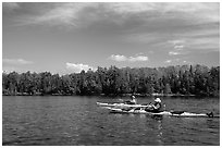 Modern Voyageurs in kayaks. Voyageurs National Park, Minnesota, USA. (black and white)