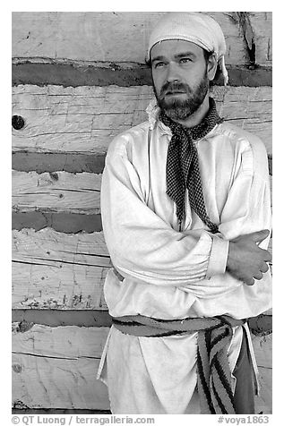 Park staff wearing period outfit similar to that worn by Voyageurs. Voyageurs National Park (black and white)