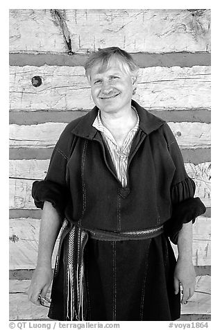 Park staff member wearing  outfit similar to that worn by the Voyageurs. Voyageurs National Park, Minnesota, USA.
