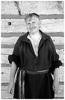 Park staff member wearing  outfit similar to that worn by the Voyageurs. Voyageurs National Park, Minnesota, USA. (black and white)