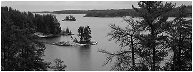 North woods lake scenery with tiny islets. Voyageurs National Park (Panoramic black and white)