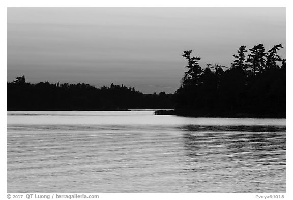 Water ripples and Bittersweet Island at sunset, Kabetogama Lake. Voyageurs National Park (black and white)