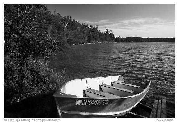 Boat on shore of Mukooda Lake. Voyageurs National Park (black and white)