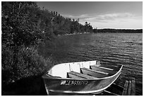 Boat on shore of Mukooda Lake. Voyageurs National Park ( black and white)
