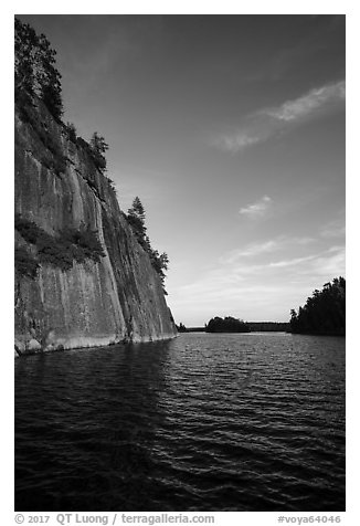 125 feet cliffs of Grassy Bay, Sand Point Lake. Voyageurs National Park (black and white)