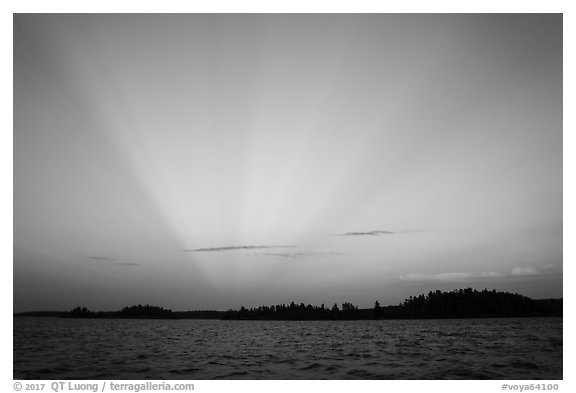 Anticrepuscular rays over Rainy Lake. Voyageurs National Park (black and white)