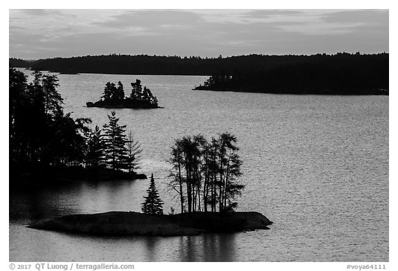 North Woods islets from above, Anderson Bay, sunrise. Voyageurs National Park (black and white)