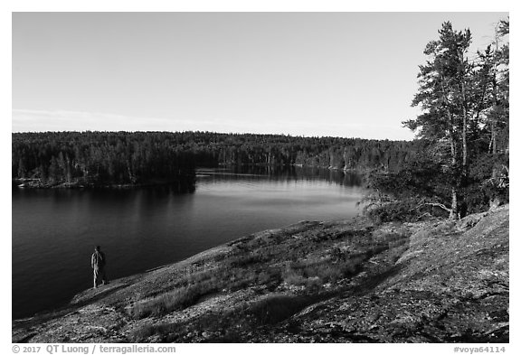 Visitor looking, Anderson Bay. Voyageurs National Park (black and white)
