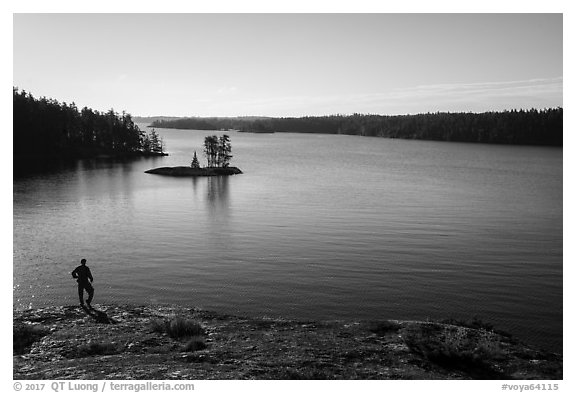 Visitor looking, Anderson Bay and Rainy Lake. Voyageurs National Park (black and white)