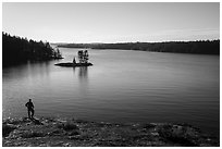 Visitor looking, Anderson Bay and Rainy Lake. Voyageurs National Park ( black and white)