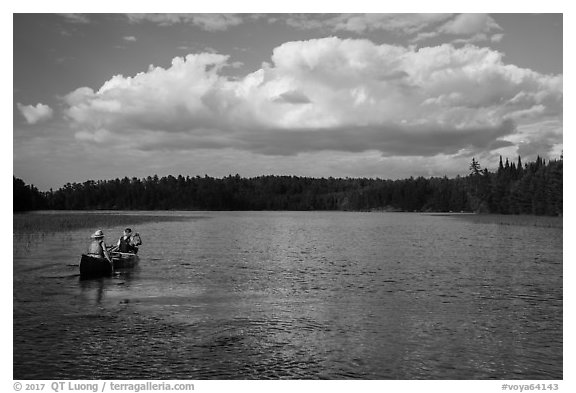 Canoe on small arm of Sand Point Lake. Voyageurs National Park (black and white)