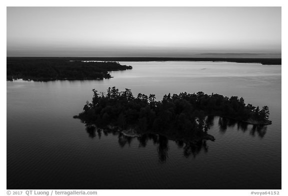 Aerial view of Bittersweet Island at sunset, Kabetogama Lake. Voyageurs National Park (black and white)