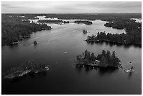 Aerial view of American Channel, Rainy Lake. Voyageurs National Park ( black and white)