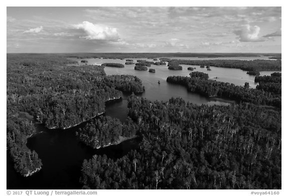 Aerial view of Namakan Narrows, Namakan Lake. Voyageurs National Park (black and white)
