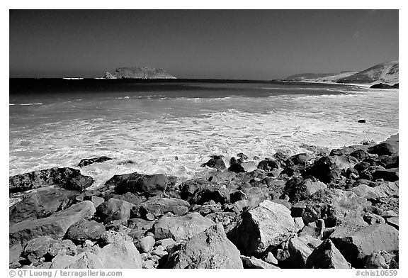 Surf foam and rocks, Cuyler Harbor, mid-day, San Miguel Island. Channel Islands National Park (black and white)