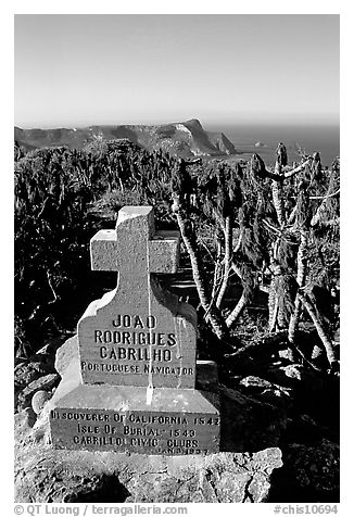 Cabrillo monument above Cuyler Harbor, San Miguel Island. Channel Islands National Park (black and white)