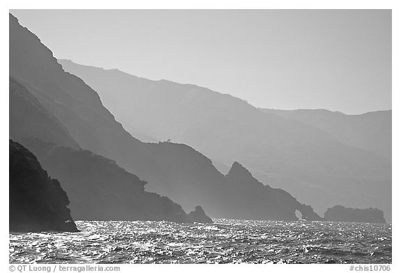 Coastline and ridges, Santa Cruz Island. Channel Islands National Park (black and white)