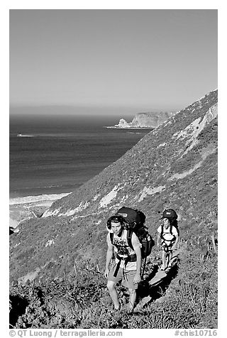 Backpackers in Nidever canyon , San Miguel Island. Channel Islands National Park (black and white)